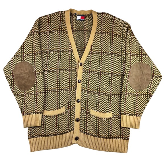 Tommy Hilfiger Plaid Knit Cardigan Sweater Men's XL Suede Elbow Patch Grandpa - Picture 1 of 10